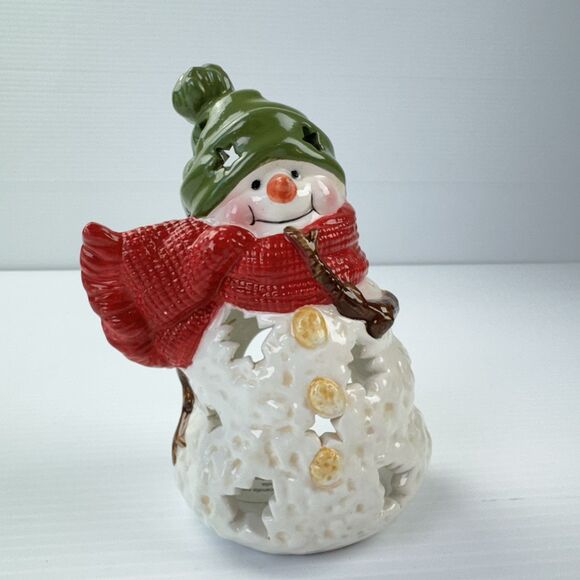 Hallmark Snowman Tealight Candle Holder Ceramic Red Scarf Green Hat Christmas - Picture 1 of 11